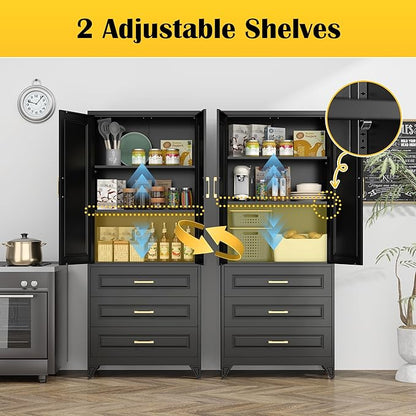 SteeLoong 75" Kitchen Pantry Cabinet with 3 Drawers,Metal Storage Cabinets with Doors and 2 Adjustable Shelves,Black Kitchen Cabinet with 2 Gold Handles,Food Cupboard for Livingroom, Bathroom,Pantry