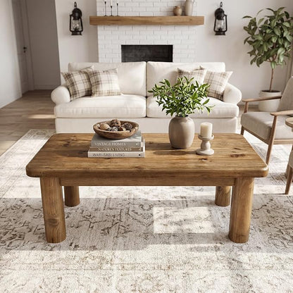 47-Inch Solid Wood Coffee Table, Rustic Rectangular Center Table for Living Room, Low Cocktail Tea Furniture with Thick Cylindrical Legs