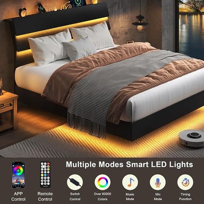 Feonase Floating Bed Frame Queen Size with Led Lights and Charging Station, Wood Queen Bed Frame with Storage Headboard, Heavy Duty Metal Slats, No Box Spring Needed, Easy Assembly, Black