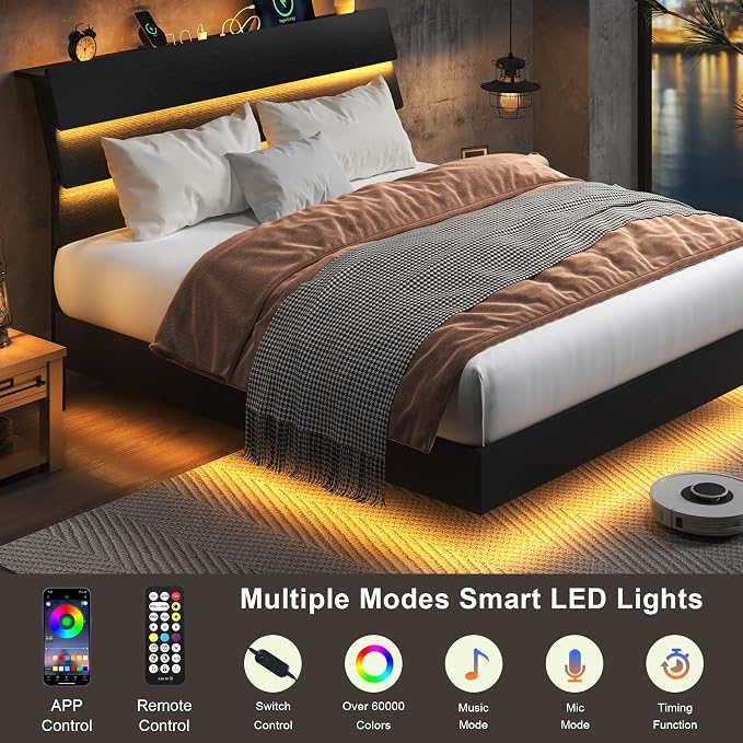 Feonase Floating Bed Frame Full with Led Lights and Charging Station, Wood Full Size Bed Frame with Storage Headboard, Heavy Duty Metal Slats, No Box Spring Needed, Easy Assembly, Noise-Free,Black