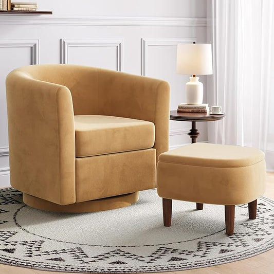 Swivel Accent Chair with Storage Ottoman, Small Modern Velvet Barrel Chair, Upholstered Armchair with Footrest for Living Room/Reading/Bedroom, 24.8'' D x 25.38'' W x 25.6'' H, Yellow
