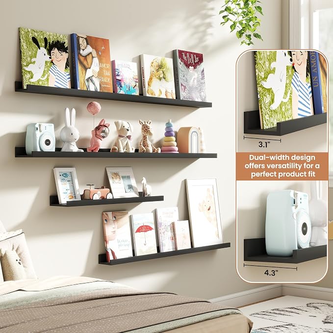Fun Memories Picture Ledge Shelves Set of 4, 36 Inch Rustic Wall Mounted Floating Shelves with Lip for Home Storage and Décor in Bathroom, Kitchen, Nursery, Bedroom, Living Room, Black