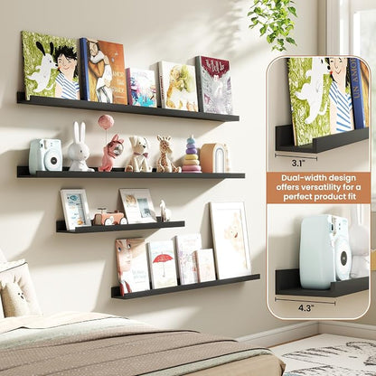 Fun Memories Picture Ledge Shelves Set of 4, 36 Inch Rustic Wall Mounted Floating Shelves with Lip for Home Storage and Décor in Bathroom, Kitchen, Nursery, Bedroom, Living Room, Black