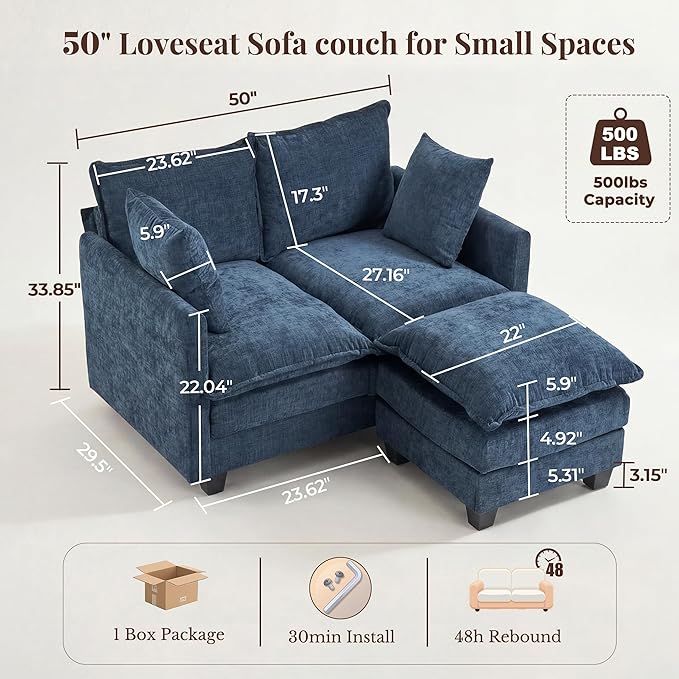 Loveseat Sofa with Ottoman, Cloud 3-Layer Cushion, 27" Deep Seat Love Seat Small Couch with 2 Pillows for Small Spaces, Bedroom, Apartment, Office, Living Room, in a Box, 50-Inch Blue