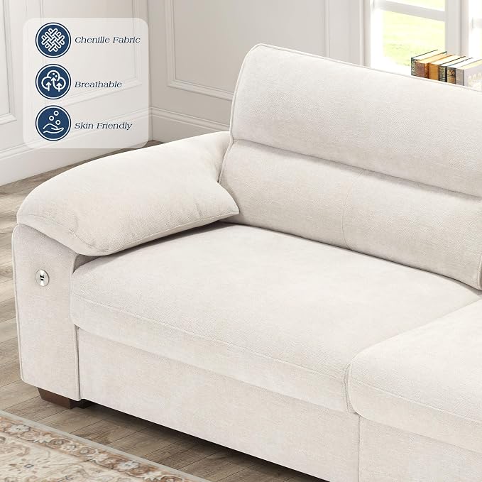 WorthFurni Sofas for Living Room, Chenille Pillow-Armrest Loveseat Couch Set, Small Sofa, 3 Seater Sofa, USB Charging, Removable Sofa Cover, Solid Wood Frame, Easy to Install (90.5 inch, Beige)