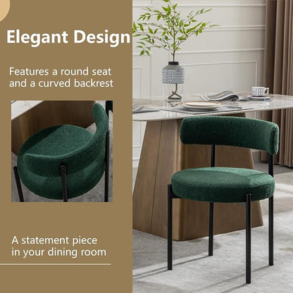 Boucle Dining Chairs Set of 6, Green Dining Chairs with Upholstered Seat and Round Back, Mid-Century Modern Kitchen Chairs for Dining Room, Restaurant