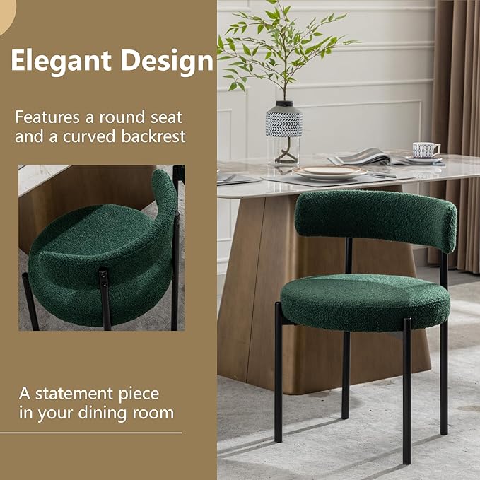 Boucle Dining Chairs Set of 2, Green Dining Chairs with Upholstered Seat and Round Back, Mid-Century Modern Kitchen Chairs for Dining Room, Restaurant