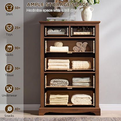T4TREAM Farmhouse Dresser and Nightstand Sets of 3, 48" Tall 6 Drawers Dresser & 2-Drawer Nightstands Set, Wood Bedroom Furniture Set for Home, Hallway, Bedroom, Light Walnut