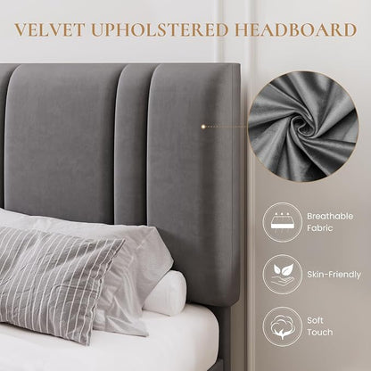 SHA CERLIN Queen Size Platform Bed Frame, Velvet Upholstered Bed with Adjustable Headboard, Vertical Channel Tufted Design, Sturdy Wood Slat Support, No Box Spring Needed, Easy Assembly, Light Grey