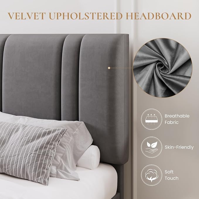 SHA CERLIN Full Size Platform Bed Frame, Velvet Upholstered Bed with Adjustable Headboard, Vertical Channel Tufted Design, Sturdy Wood Slat Support, No Box Spring Needed, Easy Assembly, Light Grey