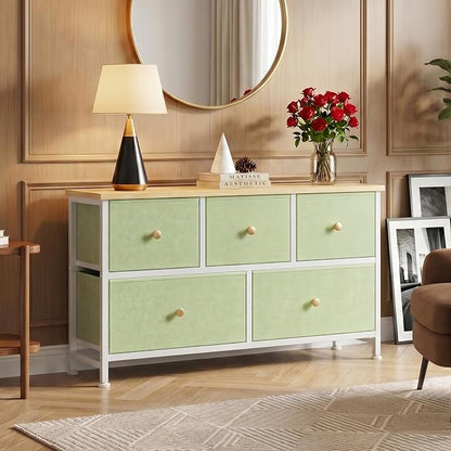 OLIXIS 5 Drawer Dresser for Bedroom, Storage Organizer Unit for Closet | Chest of Drawers for Clothes Storage with Bins, Wide Fabric Bedroom Dresser, Wooden Top, Living Room, Light Green