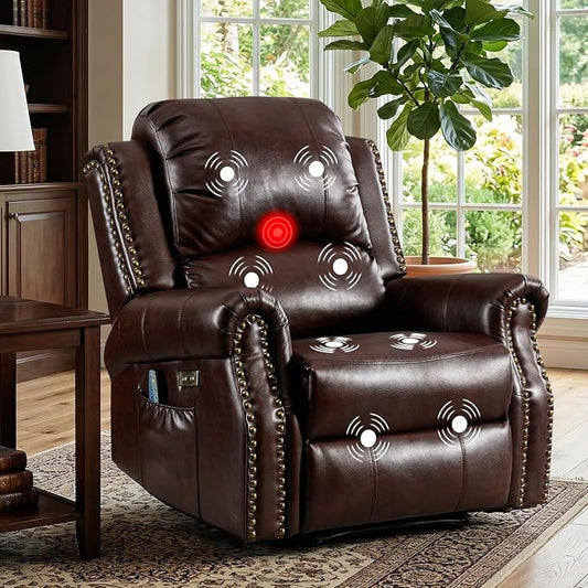 HAOMARKETS Classic Power Recliner Chair with Massage and Heat, Breathable Faux Leather Electric Recliner with USB&Type-C Ports, Overstuffed Reclining Sofa with Rivets for Living Room, Caramel Brown