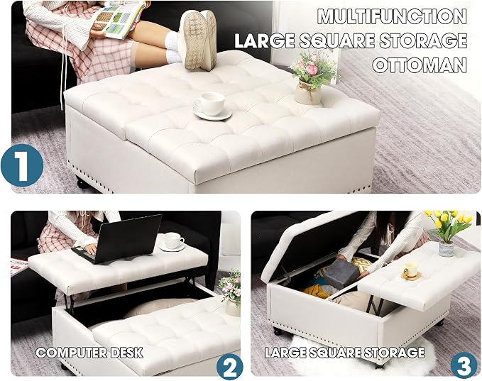 35.5" Large Square Ottoman with Storage, Tufted Upholstered Storage Ottoman with Lift Top & Solid Legs for Bedroom Room, Extra Large Coffee Tables Bench for Living Room as Footstool (Beige)
