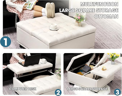 35.5" Large Square Ottoman with Storage, Tufted Upholstered Storage Ottoman with Lift Top & Solid Legs for Bedroom Room, Extra Large Coffee Tables Bench for Living Room as Footstool (Beige)