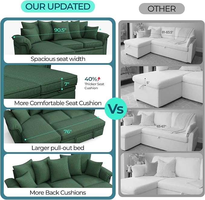 LINSY HOME 90.5'' Sectional Sleeper Sofa with Pull Out Couch Bed Modular (Green, 90.5'') | USB Charging