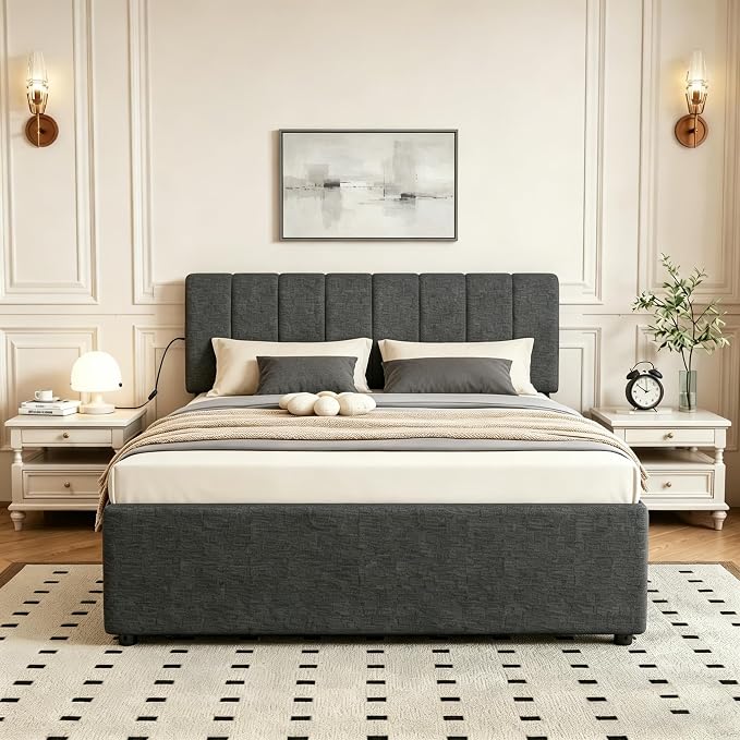 Full Size Upholstered Platform Bed with Pull-Out Trundle Bed | Twin Size Trundle, LED Lighting Controlled by APP, USB+Type-C Charging Ports, Linen Upholstered Bed Frame,Dark Grey