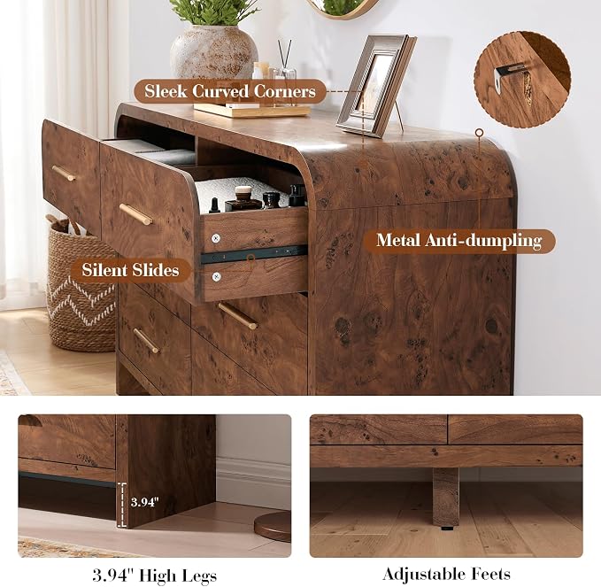 Curved 6 Drawer Dresser for Bedroom, 54'' Wide Chest of Drawers, Farmhouse Storage Cabinet for Hallway & Living Room TV Stand, FSC Certified 1.18" Thick Board, 100 lbs Top Weight, Dark Burl
