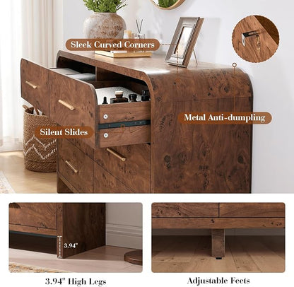 Curved 6 Drawer Dresser for Bedroom, 54'' Wide Chest of Drawers, Farmhouse Storage Cabinet for Hallway & Living Room TV Stand, FSC Certified 1.18" Thick Board, 100 lbs Top Weight, Dark Burl