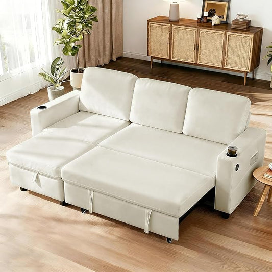 KISLOT 84 Inch Sectional Sleeper Sofa with Pull Out Bed Convertible 2 in 1 Couch with Storage Chaise & USB Charging Comfy L Shaped Modular Couches for Living Room Apartment(2 Box)