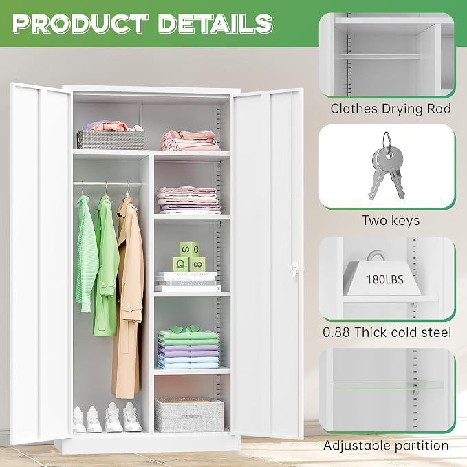 INTERGREAT Metal Wardrobe Closet, 71" White Locking Storage Wardrobe Cabinet with Doors and Shelves, Tall Steel Clothes Storage for Office, Home, School, Gym
