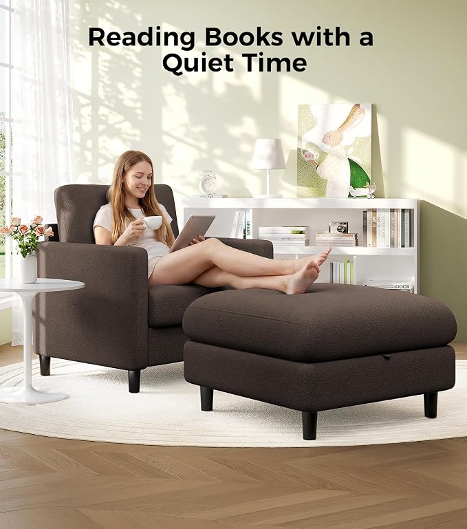 Welzona Sofa Accent Chair with Ottoman, 33" Reading Chair and Ottoman Set for Bedroom, Tool-Free Setup Living Room Accent Chairs, Comfy Arm Chairs Living Room, All-Wood Reading Nook, Brown