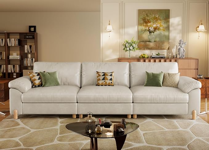 SITJOY Large Cloud Couch, 118" Wide 3 Seater Sofa, Faux Leather in White | Pet-Friendly Scratch-Resistant Leather Sectional Sofas for Living Room, Deep Seat Wide Couch