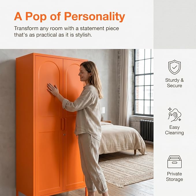 Orange Lockable Metal Storage Wardrobe, Tall Freestanding Cold Rolled Steel Cabinet with Arched Embossed Doors, Elevated Feet for Bedroom Office Storage Size：67" H x 31.5" W x 18.1" D