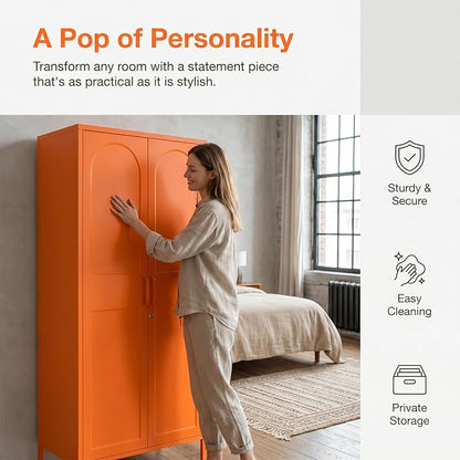 Orange Lockable Metal Storage Wardrobe, Tall Freestanding Cold Rolled Steel Cabinet with Arched Embossed Doors, Elevated Feet for Bedroom Office Storage Size：67" H x 31.5" W x 18.1" D