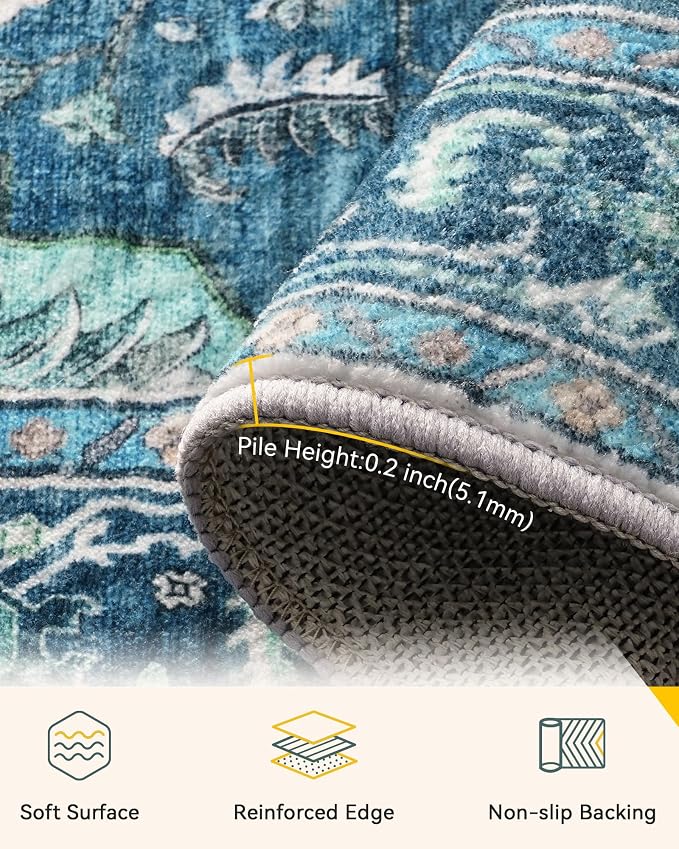 RELEANY Area Rugs 5'x8' Washable Non-Slip, Floral Vintage Distress Medallion Carpet for Living Room Bedroom Dining Room, Teal Green Lake Blue Turquoise