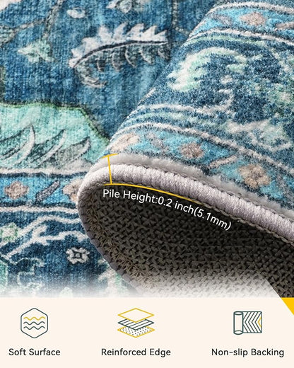 RELEANY Area Rugs 5'x8' Washable Non-Slip, Floral Vintage Distress Medallion Carpet for Living Room Bedroom Dining Room, Teal Green Lake Blue Turquoise