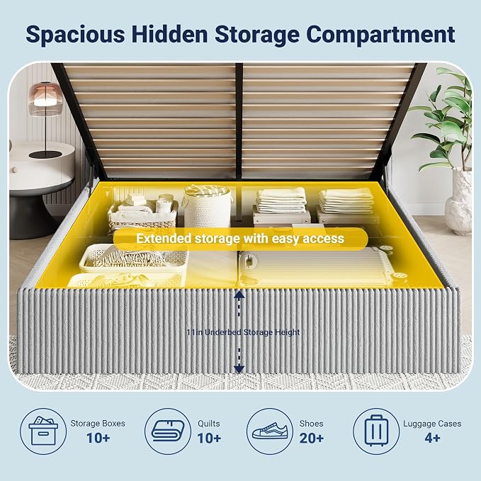 Allewie Queen Size Lift-Up Storage Bed Frame with Modern Wingback Headboard, Corduroy Upholstered Platform Bed, Hydraulic Gas Lift Support, Underbed Storage, Wooden Slats, No Box Spring Needed, Grey