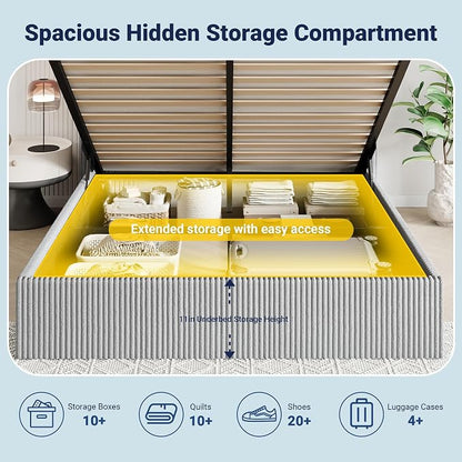 Allewie Queen Size Lift-Up Storage Bed Frame with Modern Wingback Headboard, Corduroy Upholstered Platform Bed, Hydraulic Gas Lift Support, Underbed Storage, Wooden Slats, No Box Spring Needed, Grey
