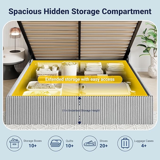 Allewie Full Lift-Up Storage Bed Frame with Modern Wingback Headboard, Corduroy Upholstered Platform Bed, Hydraulic Gas Lift Support, Underbed Storage, Wooden Slats, No Box Spring Needed, Grey