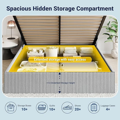 Allewie Full Lift-Up Storage Bed Frame with Modern Wingback Headboard, Corduroy Upholstered Platform Bed, Hydraulic Gas Lift Support, Underbed Storage, Wooden Slats, No Box Spring Needed, Grey