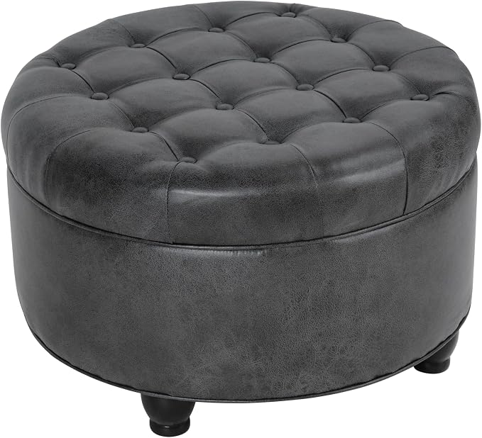 HomePop 25" Button Tufted Round Storage Ottoman - Gray Faux Leather
