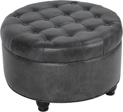 HomePop 25" Button Tufted Round Storage Ottoman - Gray Faux Leather