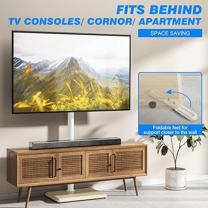 Rfiver Swivel Floor TV Stand with Mount for 32-65 inch TVs up to 88 lbs, Height Adjustable Tall TV Stand with Wood Base, Saving Space Design for Bedroom, Living Room and Corner, Oak