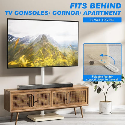 Rfiver Swivel Floor TV Stand with Mount for 32-65 inch TVs up to 88 lbs, Height Adjustable Tall TV Stand with Wood Base, Saving Space Design for Bedroom, Living Room and Corner, Oak