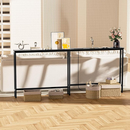 VASMIA 70.9 Inch Narrow Console Table with Outlet,Bamboo Sofa Table,Behind Couch Table,Skinny Hallway Table for Entryway Living Room,Foyer,Black