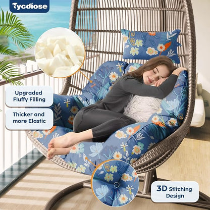 Outdoor Hanging Egg Chair Cushion Replacement, Extra Large Waterproof Egg Swing Cushions with Headrest Pillow and Ties, U-Shaped Thickened Cushion for Hanging Eggs Chair (Blue Floral)