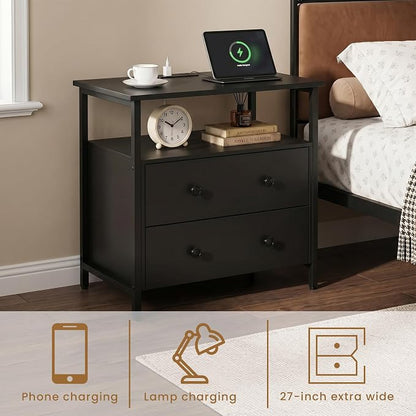 Edbuosy 27 inch Wide Night Stand with Charging Station, Bedside Table with Open Shelf, 2 Drawers Small Wood Dresser, Modern Wood Nightstand for Bedroom/Living Room, Black