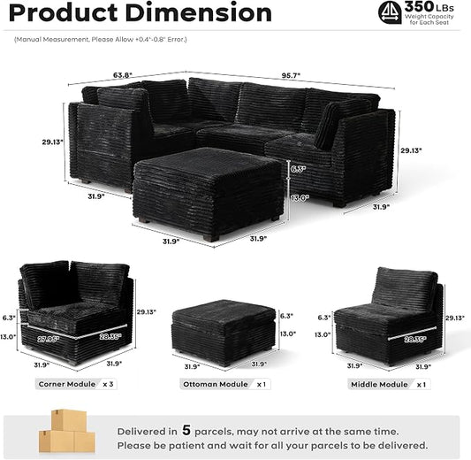 ovios Modular Sectional Sofa Couch with Sofa Bed L-Shape Chaise, Comfy Plush Corduroy Cloud Couches, Modern Luxury Deep Seat Sofas Set for Living Room, 5-Seater, Black