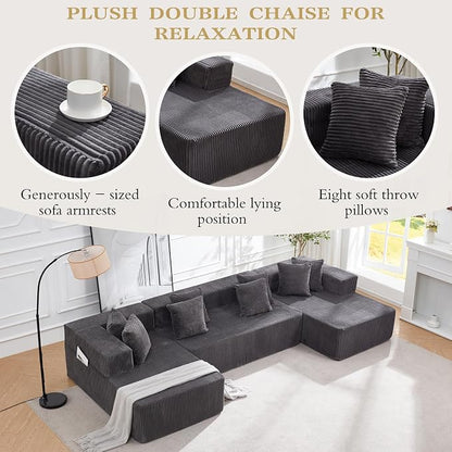 HOMREST 131" Boneless Memory Foam Sofa with Chaise Lounge, Comfy Corduroy Deep Seat Modular Sectional Couch, Large U-Shaped Floor Sofa for Living Room & Apartment, No Assembly Required Gray