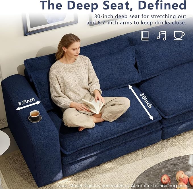 93" King Pull Out Sofa Bed, Boucle Sleeper Sofa Couch, Modern Wide Armrest, 3 in 1 Convertible Futon Couches for Living Room, Small Space, Apartment, Office, Bedroom, Blue