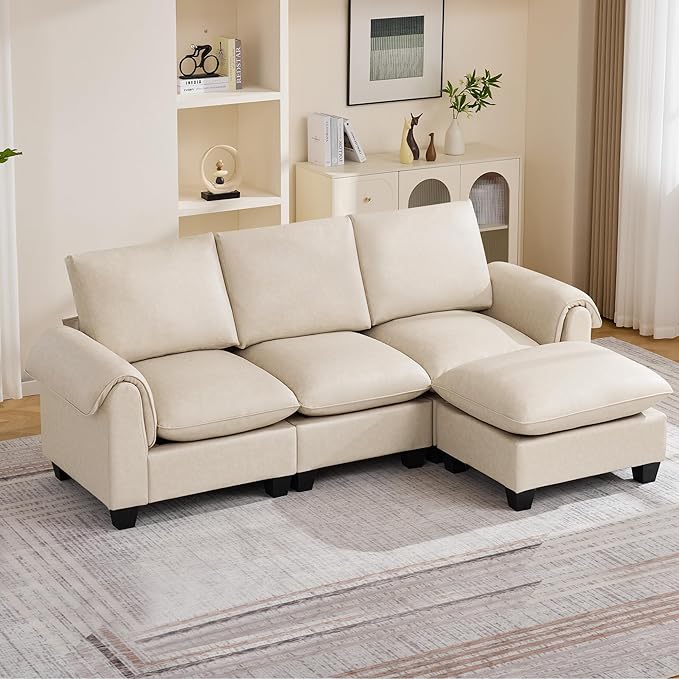 96" Faux Leather Modular Sectional Sofa with Movable Ottoman, Oversized 3 Seater Couch with Curved Armrests, Cloud Modern L-Shaped Sofa Deep Seat for Living Room, Beige