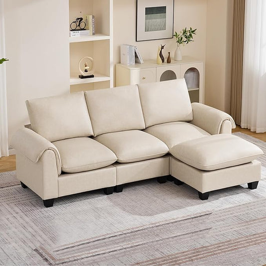 96" Faux Leather Modular Sectional Sofa with Movable Ottoman, Oversized 3 Seater Couch with Curved Armrests, Cloud Modern L-Shaped Sofa Deep Seat for Living Room, Beige