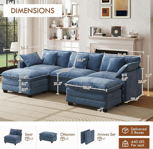 WorthFurni 111.4” Modular Sectional Sofa, U Shape Cloud Couch with 2 Movable Ottoman, Comfy Chenille Deep Seat Sofa with Soft Pillows for Living Room Apartment (Blue)