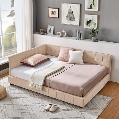 KEIKI Full Size L Shape Corner Bed Frames with Backrest and Armrests, Velvet Upholstered Sofa Daybed for Small Room, Living Room, Bedroom, Guest Room, Kids' Room