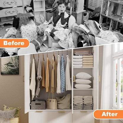 PAKASEPT Armoire Wardrobe Closet with 3 Door, Mirror, LED Lights | Hanging Rod, Drawers, Bedroom Armoires - Large Capacity Storage Wardrobe Armoire for Bedroom
