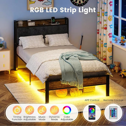 ALBERTO Bed Frame Twin Size with USB Charging Station and Smart LED Lights, Upholstered Storage Headboard, Heavy Duty Metal Platform Bed Noise Free, No Box Spring Needed, Easy Assembly